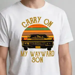 carry on my wayward son vintage sunset car badge for shirts, mugs and decals carry on my wayward son svg design printed on a plain product mockup