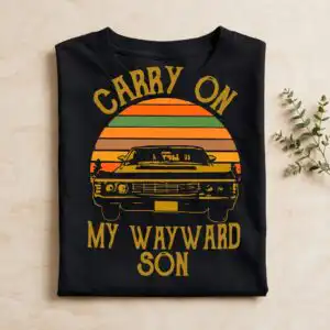 carry on my wayward son vintage sunset car badge for shirts, mugs and decals carry on my wayward son svg design printed on a plain product mockup
