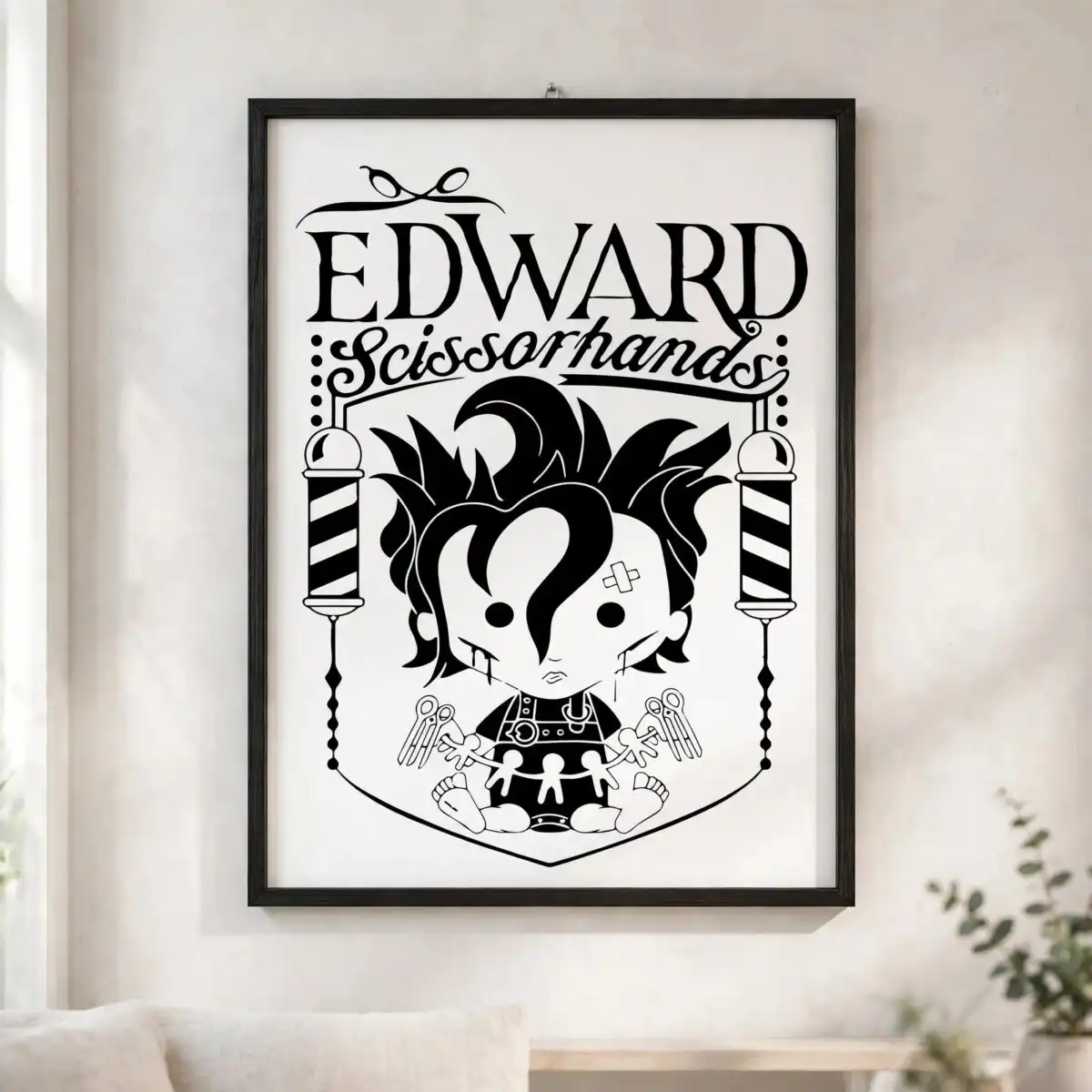 chibi baby edward scissorhands badge with edward scissorhands lettering edward scissorhands svg design printed on a plain product mockup