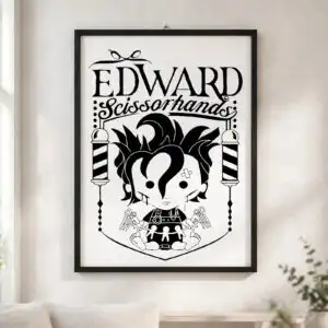 chibi baby edward scissorhands badge with edward scissorhands lettering edward scissorhands svg design printed on a plain product mockup