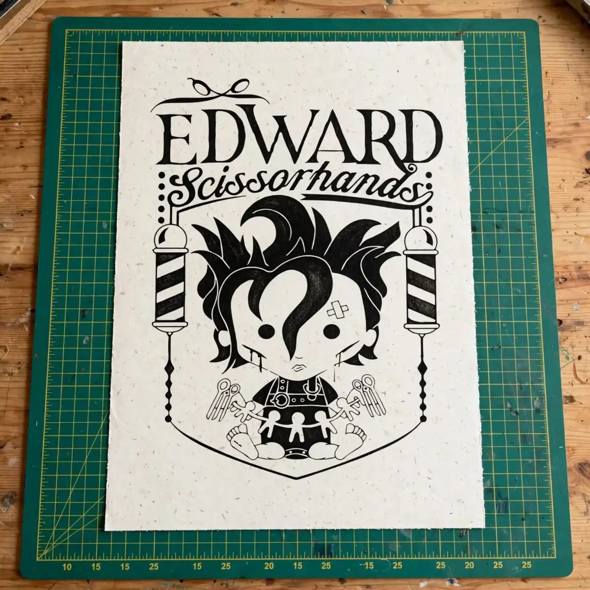 chibi baby edward scissorhands badge with edward scissorhands lettering edward scissorhands svg design printed on a plain product mockup