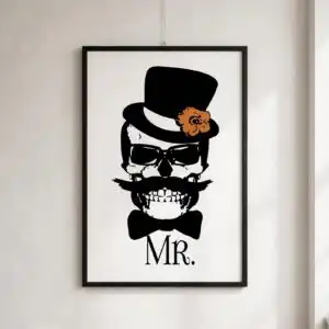 mr. skull with top hat and flower - funny formal wedding character design skull with hat svg design printed on a plain product mockup