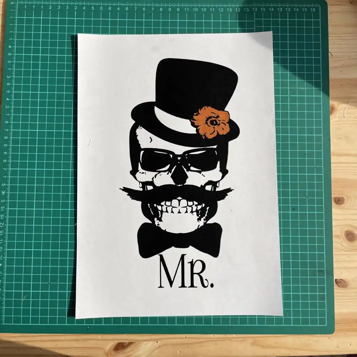 mr. skull with top hat and flower - funny formal wedding character design skull with hat svg design printed on a plain product mockup