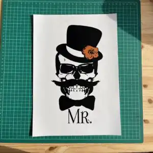mr. skull with top hat and flower - funny formal wedding character design skull with hat svg design printed on a plain product mockup