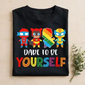 dare be yourself cute chibi pride superheroes design for kids dare be yourself cute svg design printed on a plain product mockup