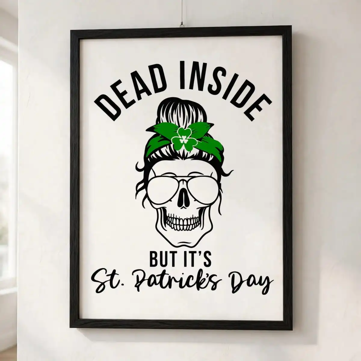 st patrick's day female skull messy bun svg design printed on a plain product mockup