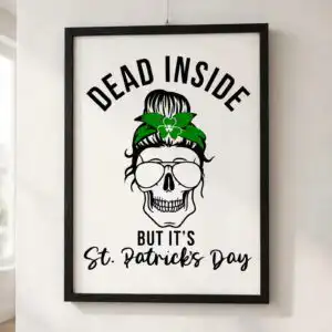 st patrick's day female skull messy bun svg design printed on a plain product mockup