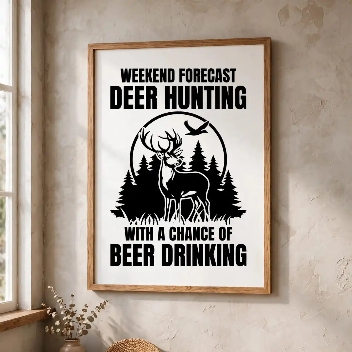 weekend forecast deer hunting with a chance of beer drinking graphic deer hunting svg design printed on a plain product mockup