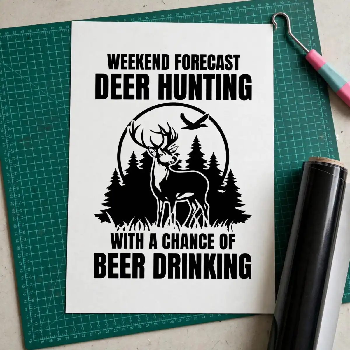 weekend forecast deer hunting with a chance of beer drinking graphic deer hunting svg design printed on a plain product mockup