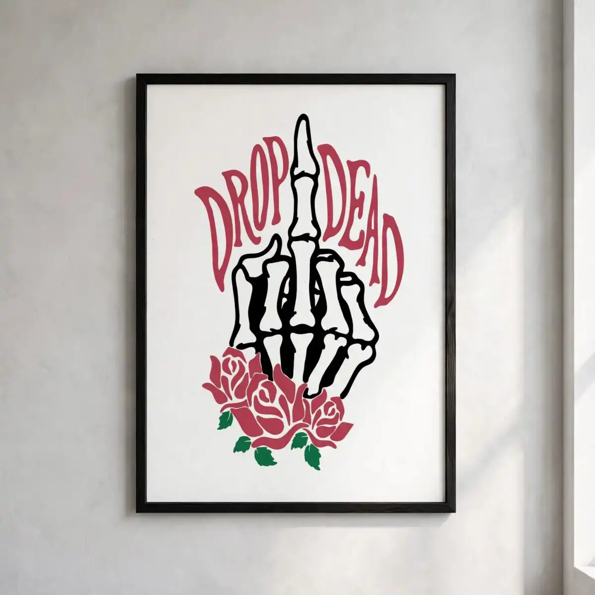drop dead skeleton hand giving the middle finger with roses skeleton hand middle finger svg design printed on a plain product mockup