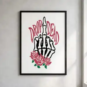 drop dead skeleton hand giving the middle finger with roses skeleton hand middle finger svg design printed on a plain product mockup