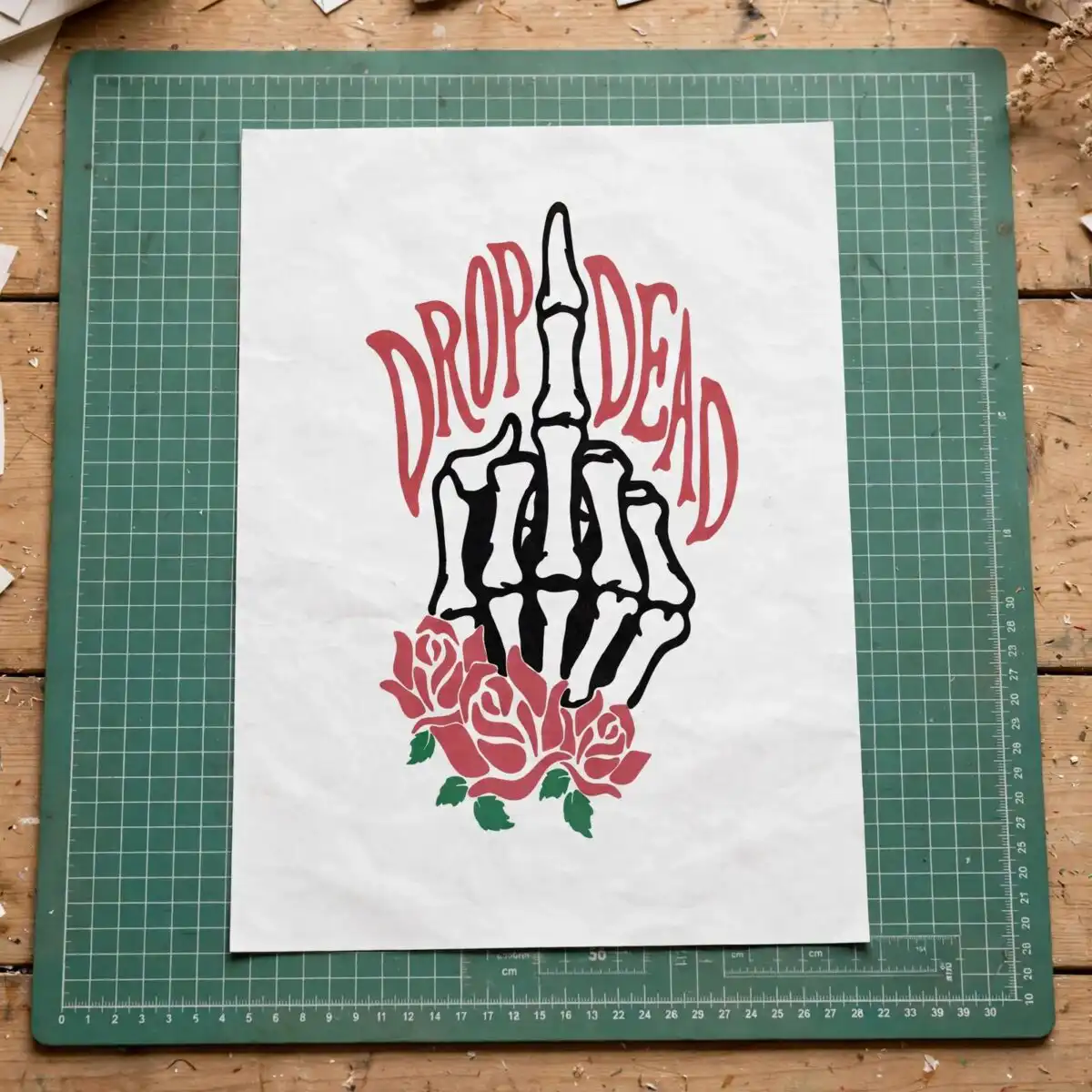drop dead skeleton hand giving the middle finger with roses skeleton hand middle finger svg design printed on a plain product mockup