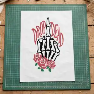 drop dead skeleton hand giving the middle finger with roses skeleton hand middle finger svg design printed on a plain product mockup