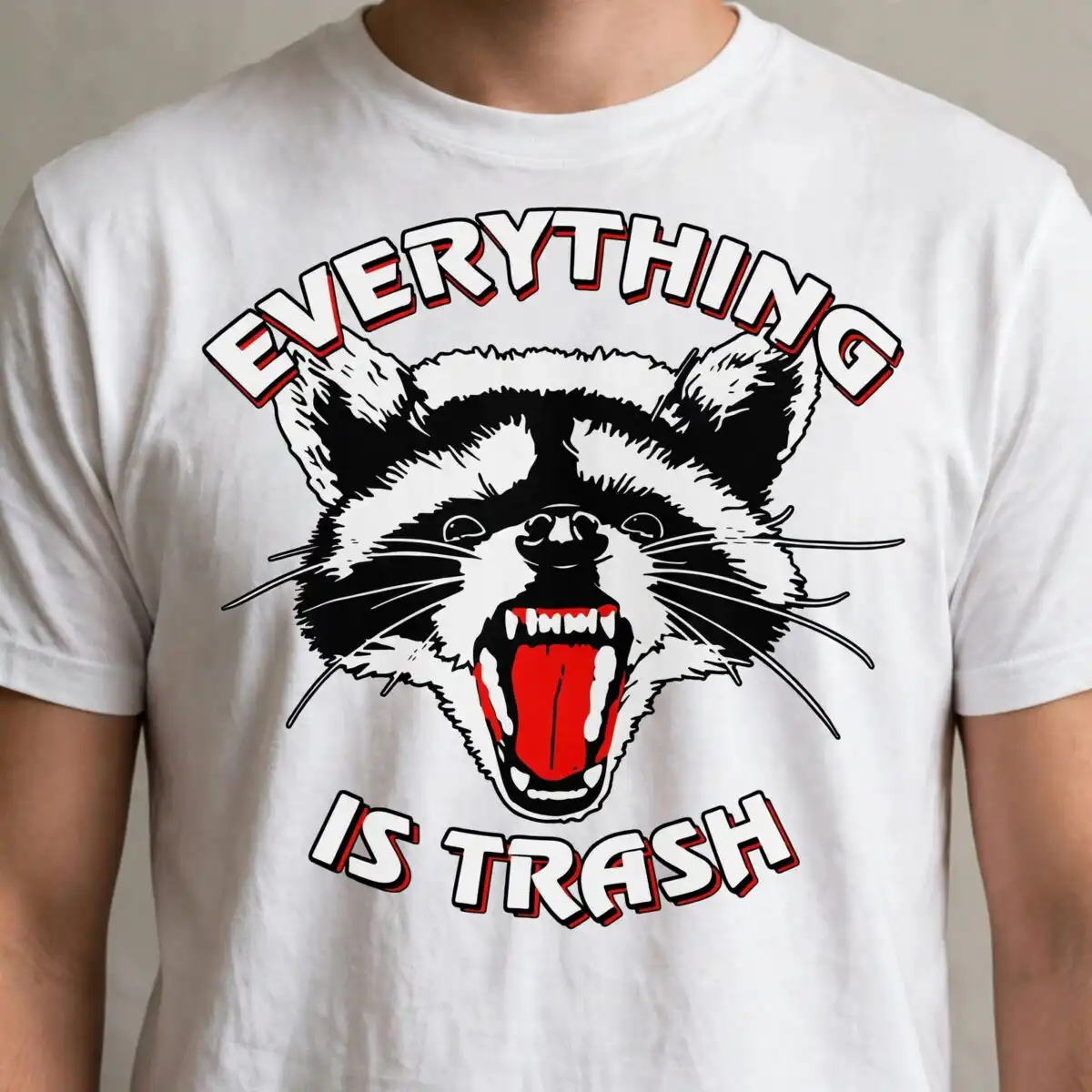 everything trash raccoon animal svg design printed on a plain product mockup