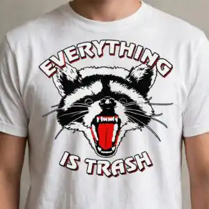everything trash raccoon animal svg design printed on a plain product mockup