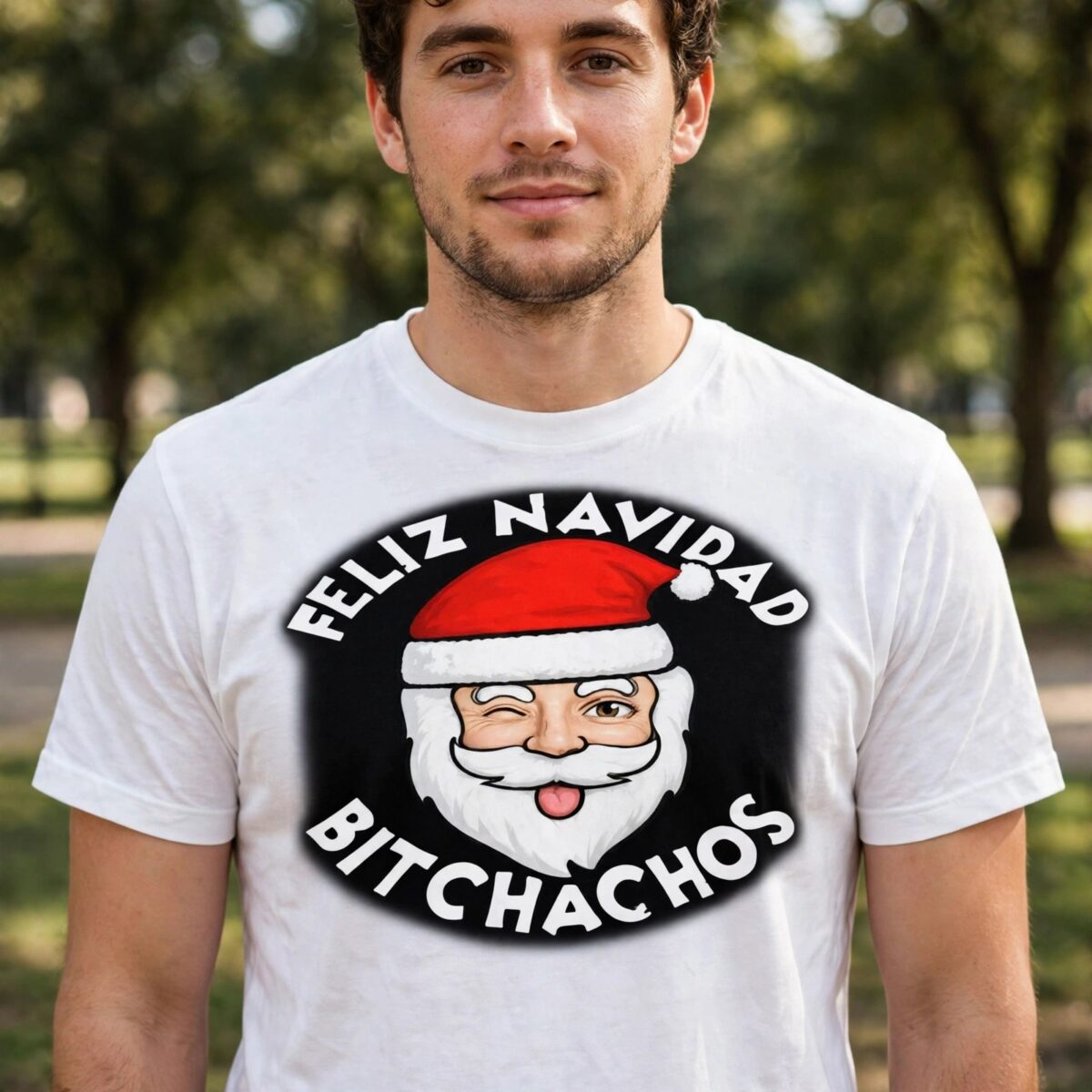 cheeky winking santa feliz navidad bitchachos christmas shirt design feliz navidad svg design printed on a plain product mockup