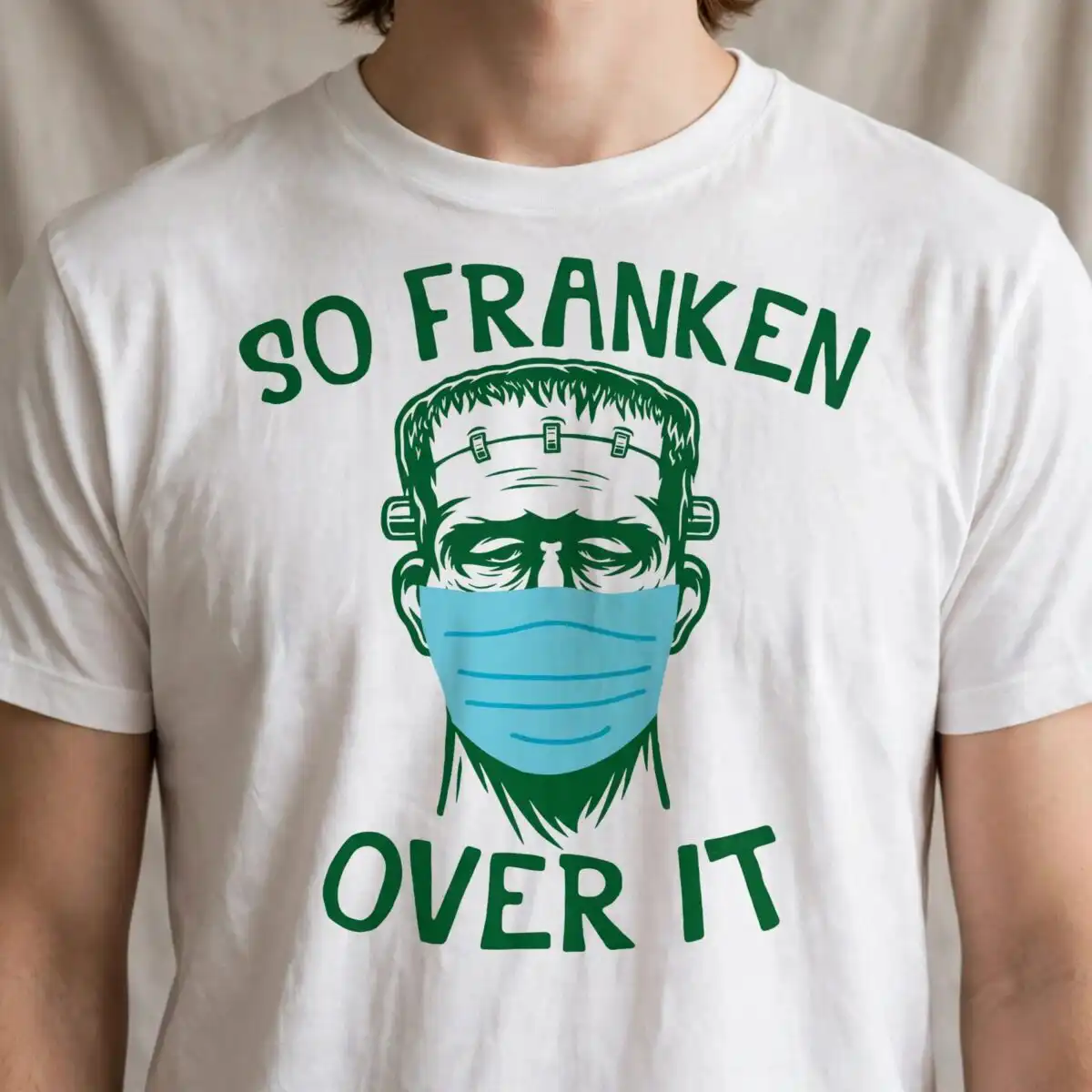 so franken over it monster face mask art with surgical mask design monster face png mask design printed on a plain product mockup