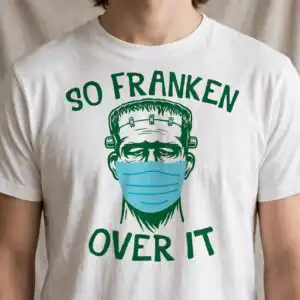 so franken over it monster face mask art with surgical mask design monster face png mask design printed on a plain product mockup