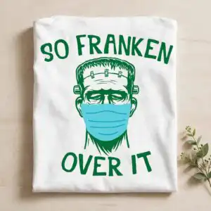 so franken over it monster face mask art with surgical mask design monster face png mask design printed on a plain product mockup