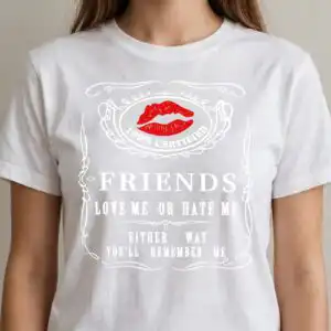 sassy friends whiskey label quote - love me or hate me with red lips friends love svg design printed on a plain product mockup
