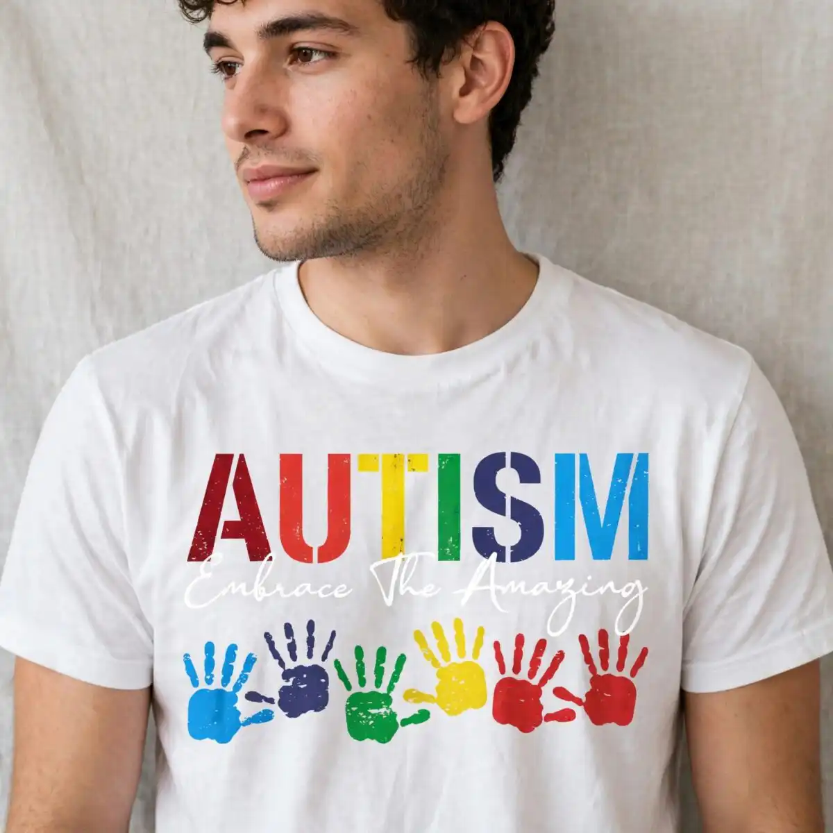 autism awareness images with colorful handprints and embrace the amazing quote autism awareness images png design printed on a plain product mockup