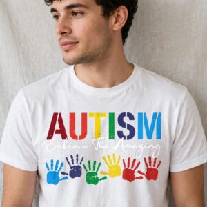 autism awareness images with colorful handprints and embrace the amazing quote autism awareness images png design printed on a plain product mockup