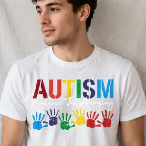 autism awareness images with colorful handprints and embrace the amazing quote autism awareness images png design printed on a plain product mockup