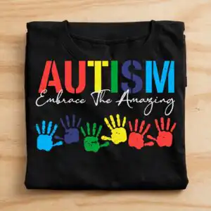 autism awareness images with colorful handprints and embrace the amazing quote autism awareness images png design printed on a plain product mockup