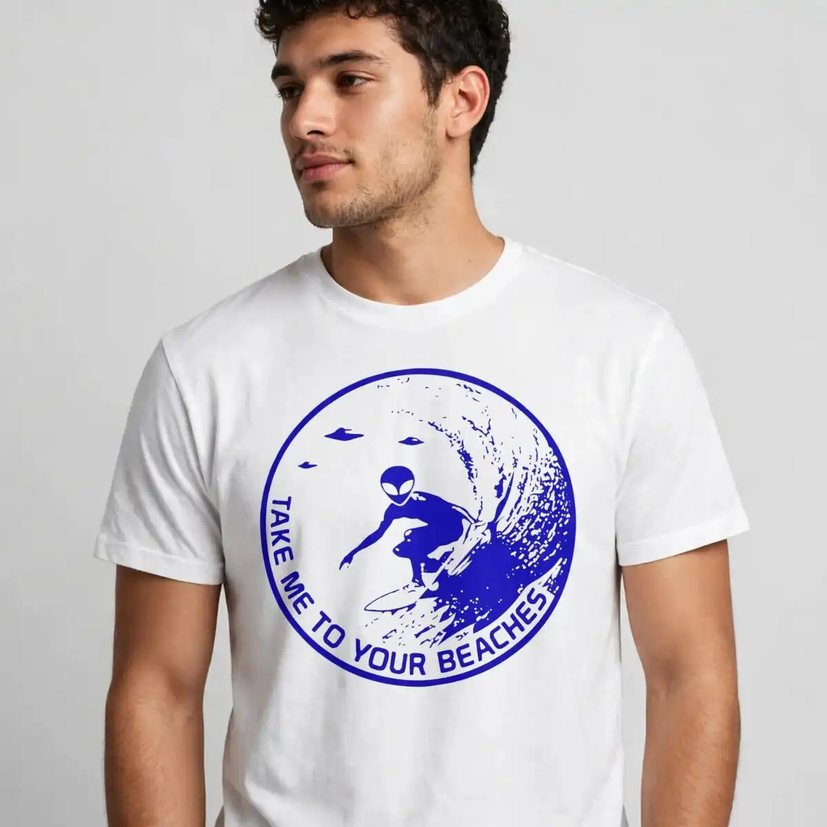 take me to your beaches alien surf badge with big waves for shirts alien surf surf waves svg design printed on a plain product mockup