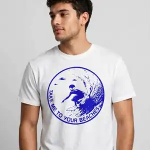 take me to your beaches alien surf badge with big waves for shirts alien surf surf waves svg design printed on a plain product mockup