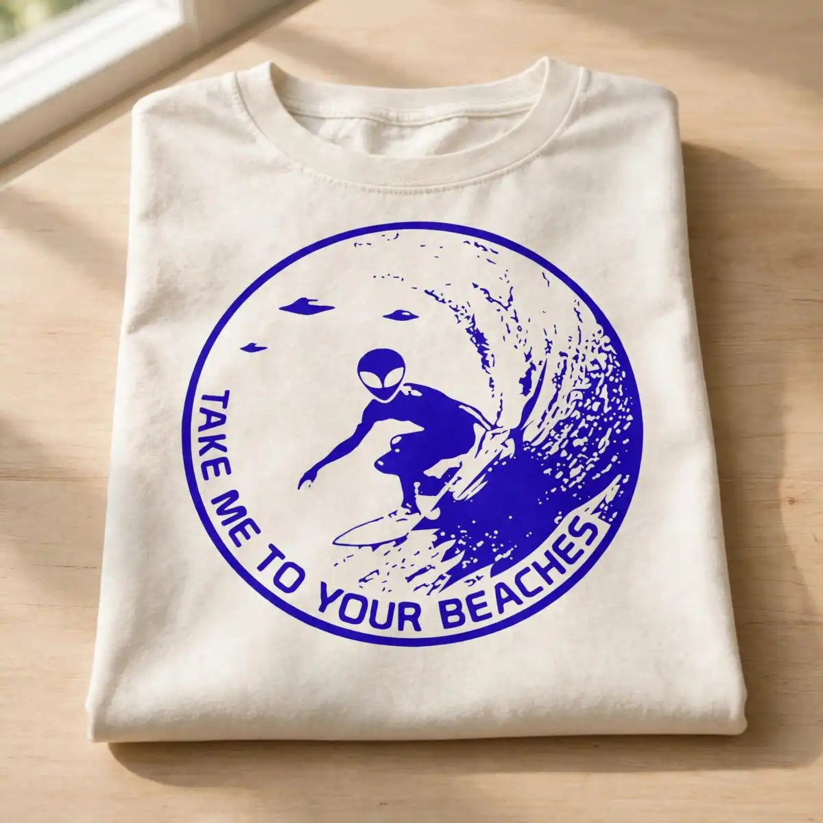 take me to your beaches alien surf badge with big waves for shirts alien surf surf waves svg design printed on a plain product mockup