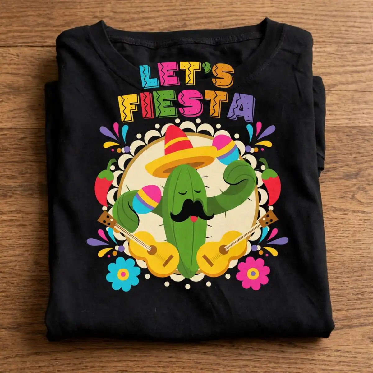 funny cactus lets fiesta svg design printed on a plain product mockup