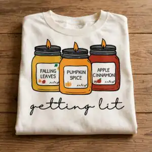 getting lit fall candles graphic with funny quote for shirts and mugs getting lit fall candles svg design printed on a plain product mockup