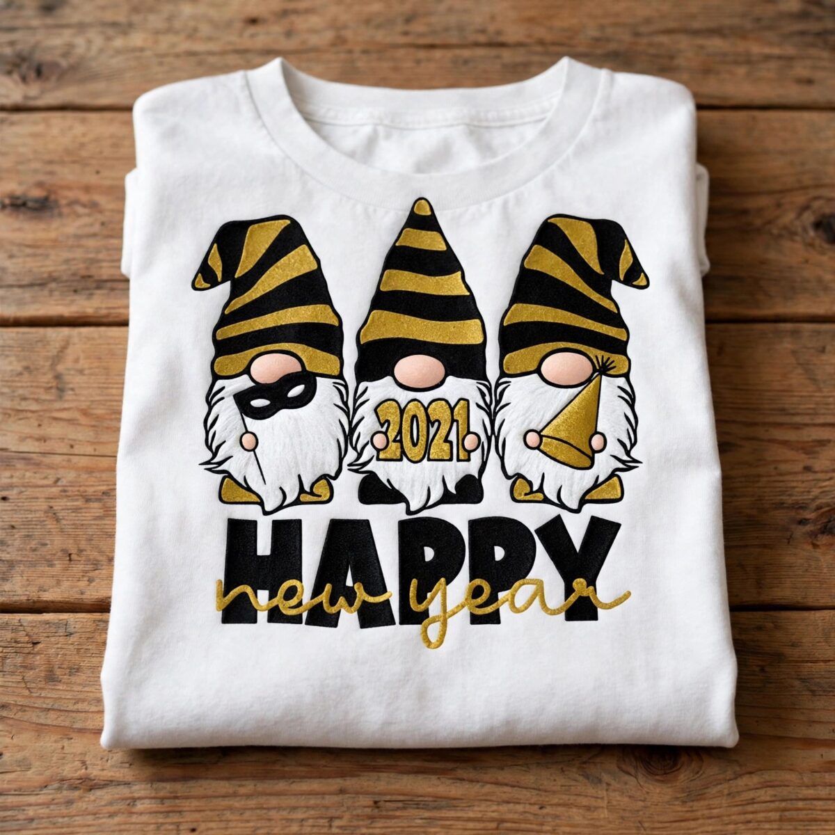 happy new year gnome clipart with three festive gnomes trio happy new year gnome clipart design printed on a plain product mockup