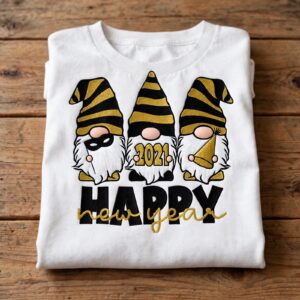 happy new year gnome clipart with three festive gnomes trio happy new year gnome clipart design printed on a plain product mockup
