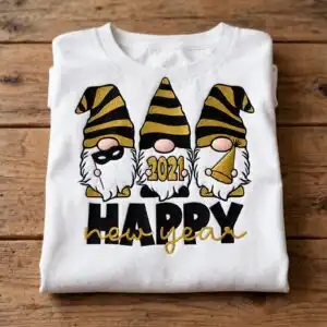 happy new year gnome clipart design printed on a plain product mockup