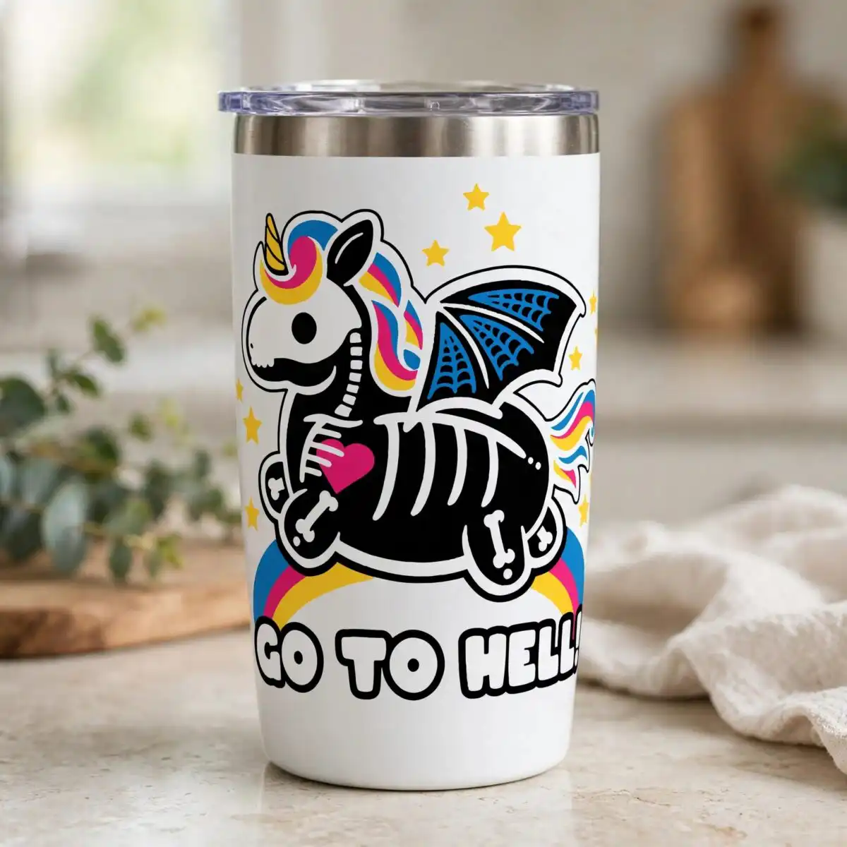 halloween skeleton unicorn bat wings svg design printed on a plain product mockup