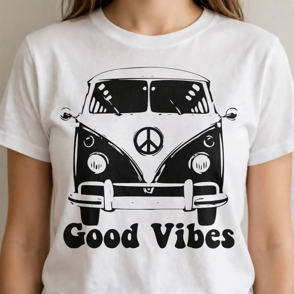 good vibes svg design printed on a plain product mockup
