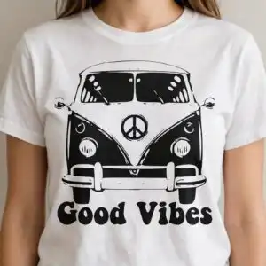 good vibes svg design printed on a plain product mockup