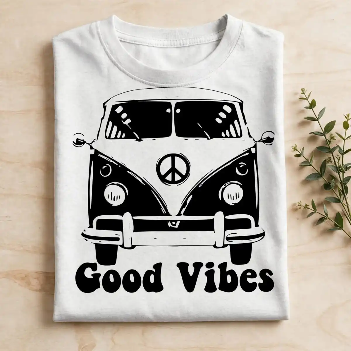 good vibes svg design printed on a plain product mockup