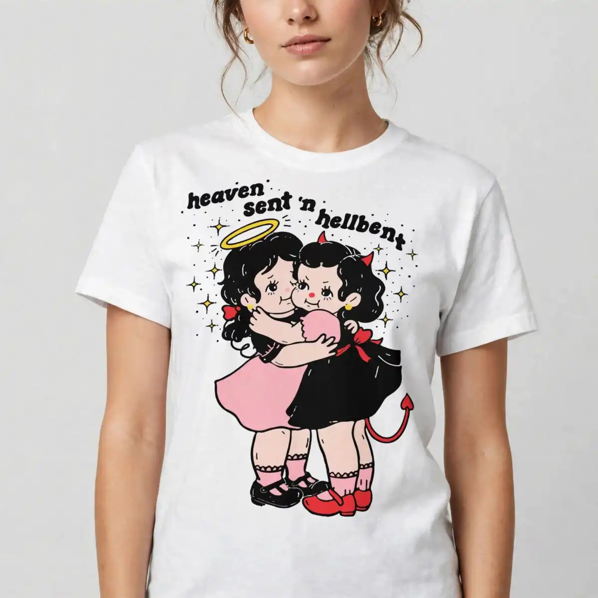 heavensent n hellbent angel and devil retro kewpie best friends design heavensent hellbent angel devil svg design printed on a plain product mockup