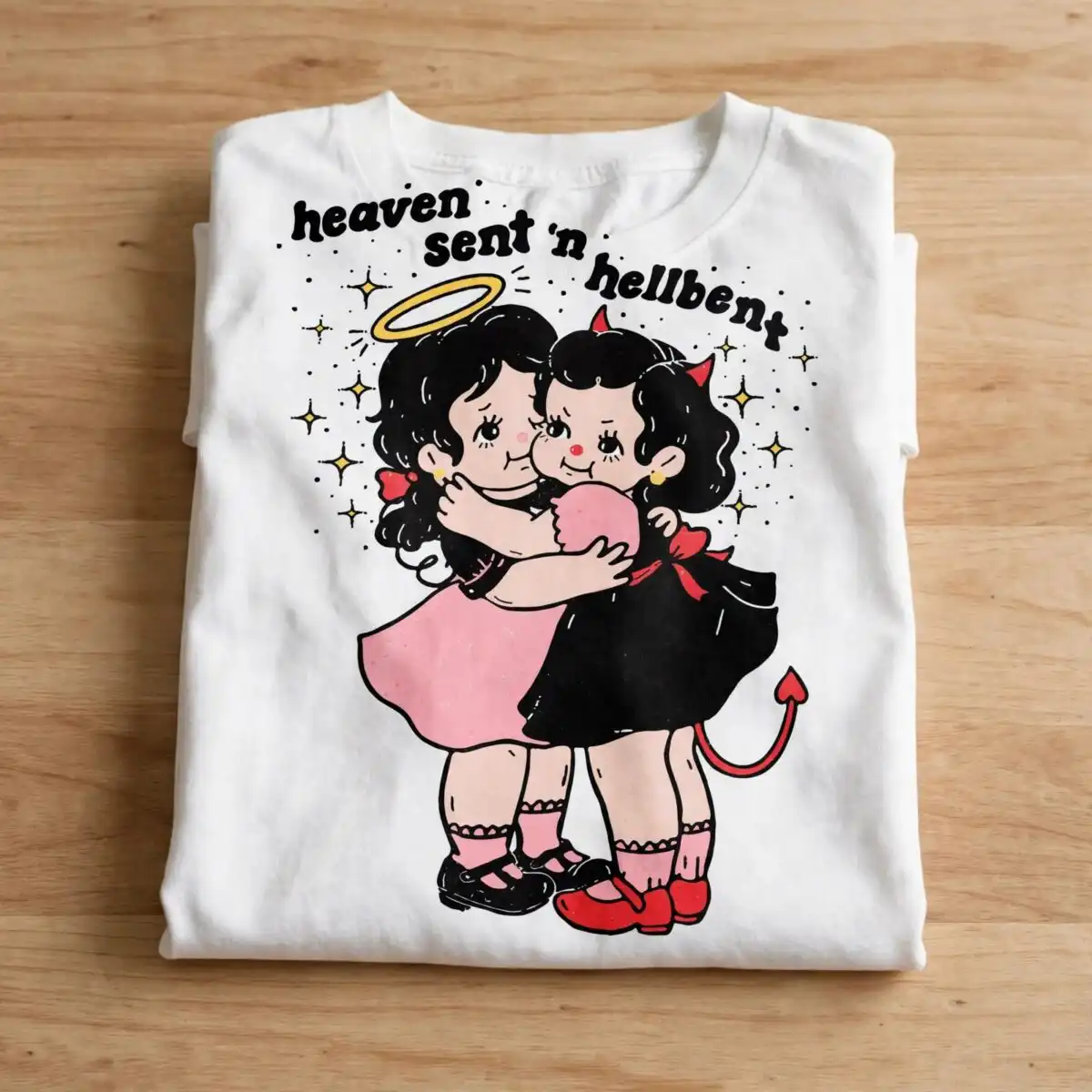 heavensent n hellbent angel and devil retro kewpie best friends design heavensent hellbent angel devil svg design printed on a plain product mockup