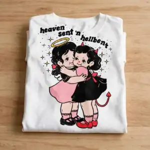 heavensent n hellbent angel and devil retro kewpie best friends design heavensent hellbent angel devil svg design printed on a plain product mockup