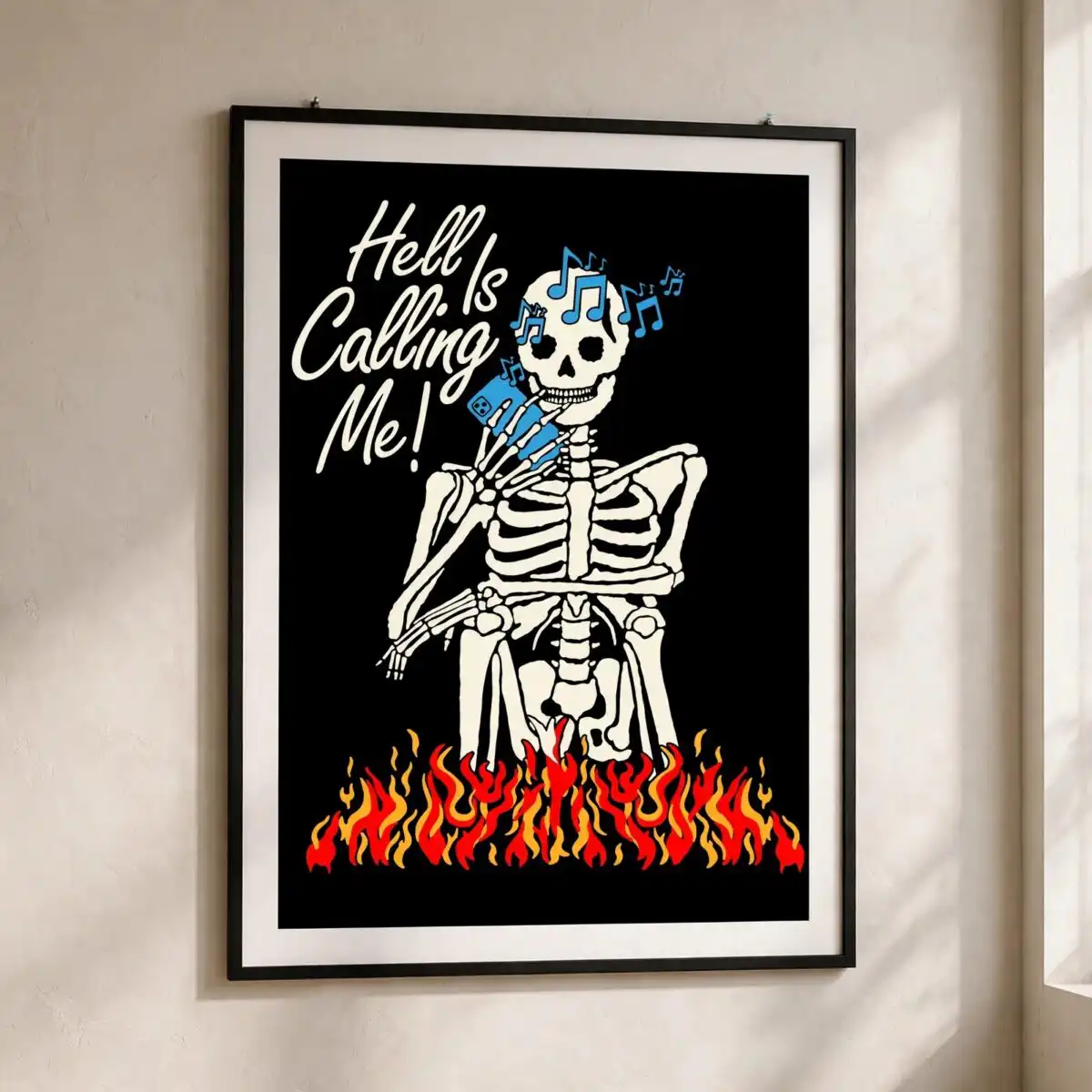 hell is calling me funny skeleton on flames with phone art for halloween hell calling skeleton funny svg design printed on a plain product mockup