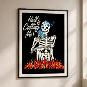 hell is calling me funny skeleton on flames with phone art for halloween hell calling skeleton funny svg design printed on a plain product mockup