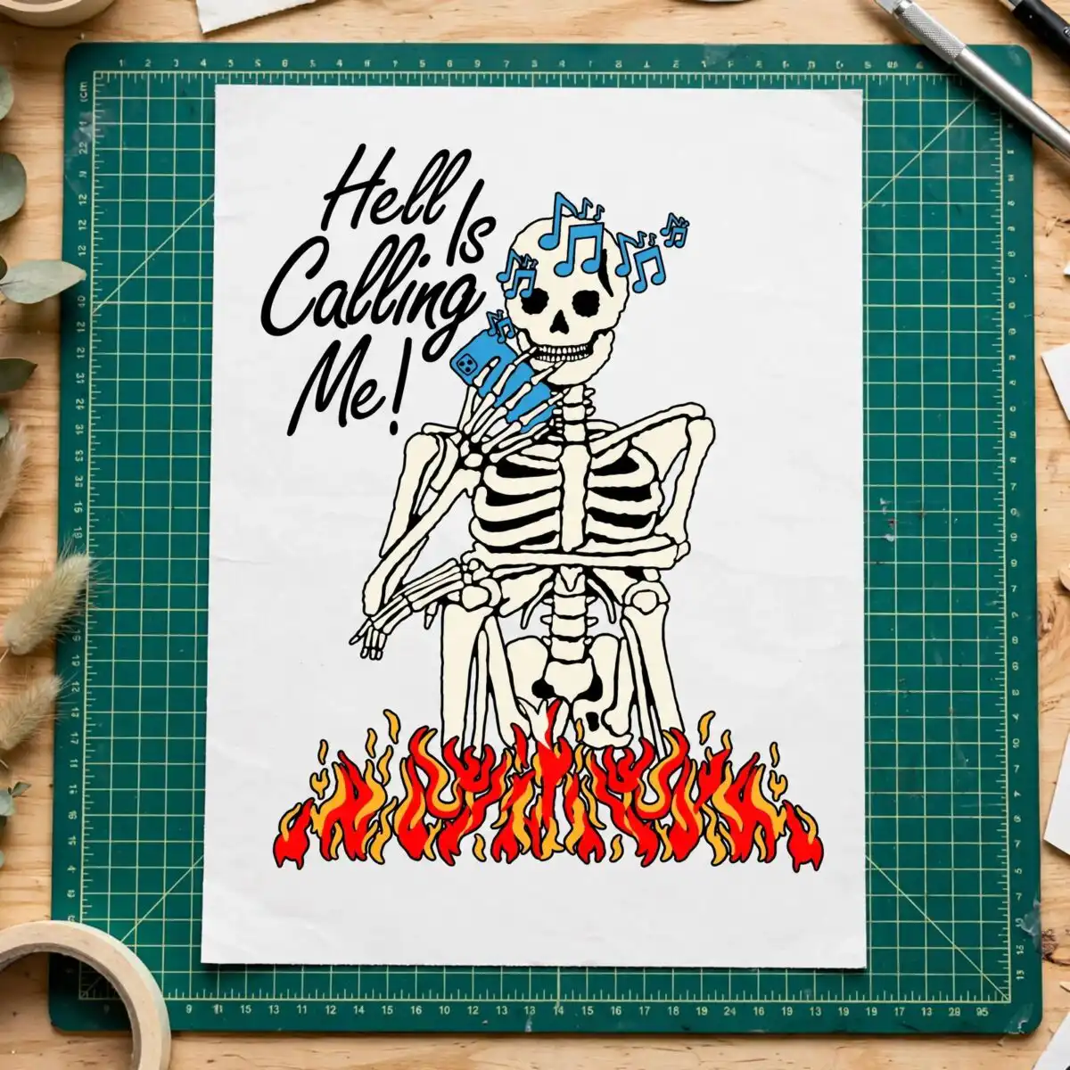 hell is calling me funny skeleton on flames with phone art for halloween hell calling skeleton funny svg design printed on a plain product mockup