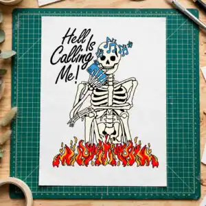 hell is calling me funny skeleton on flames with phone art for halloween hell calling skeleton funny svg design printed on a plain product mockup
