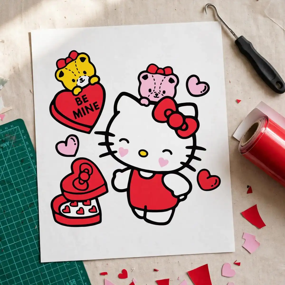 hello kitty be mine svg design printed on a plain product mockup