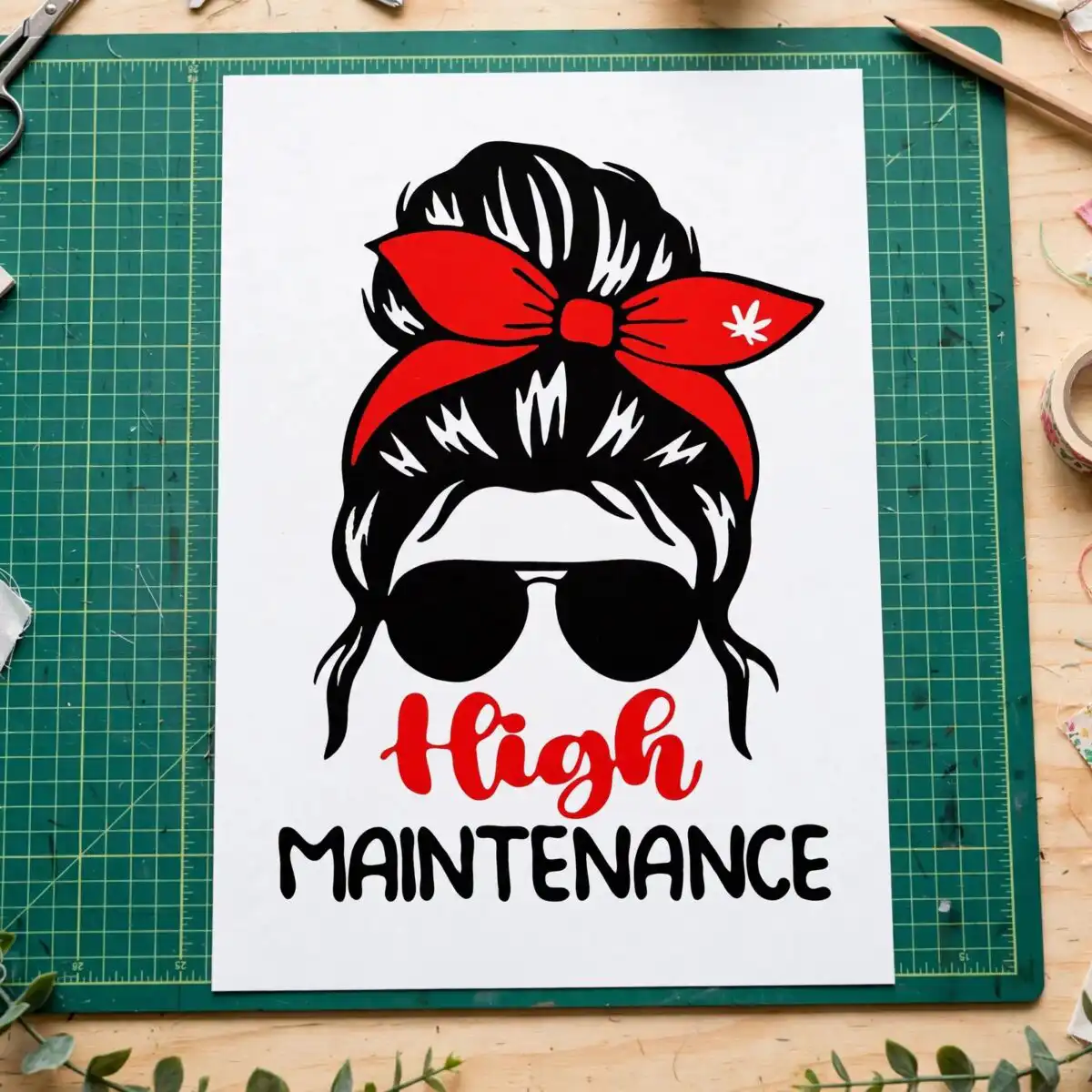 high maintenance messy bun mom design with red bandana bow high maintenance svg design printed on a plain product mockup