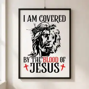 cross with jesus religious portrait - i am covered by the blood design cross with jesus svg design printed on a plain product mockup